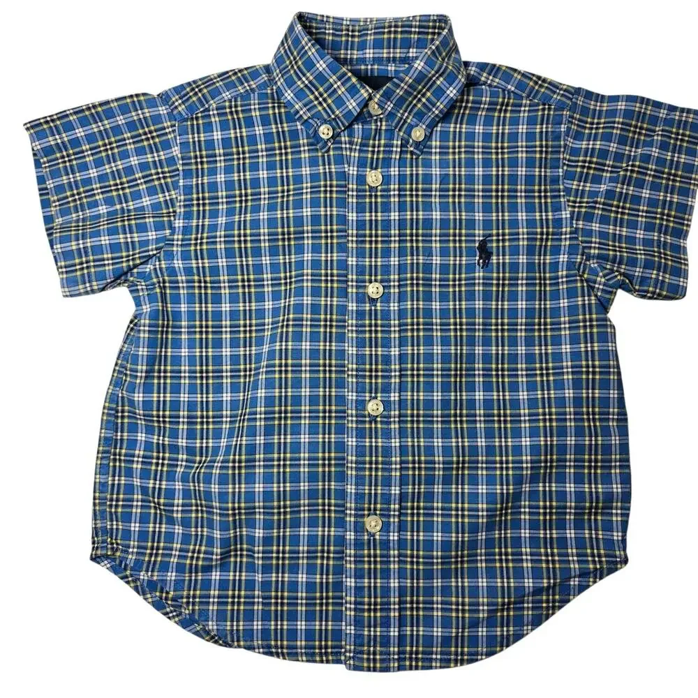 Ralph Lauren Boys Plaid Button Down Shirt 18 Months Blue Yellow Pony Logo